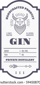 Vintage gin label with ethnic elements in thin line style. Alcohol industry emblem, distilling. Monochrome, black on white. Place for text