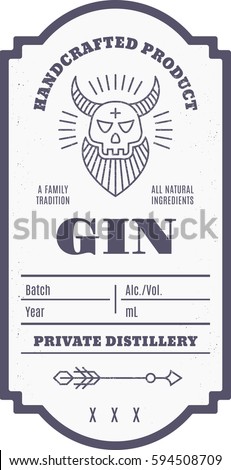 Vintage gin label with ethnic elements in thin line style. Alcohol industry emblem, distilling. Monochrome, black on white. Place for text