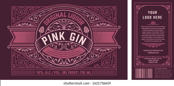 Vintage Gin label for packing, back and front side. Vector layered