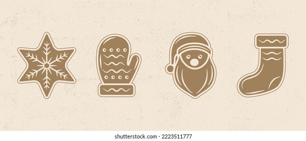 Vintage Gingerbread cookies set. Christmas cookies icons isolated on white background. Design elements for logo, poster, emblem. Vector illustration