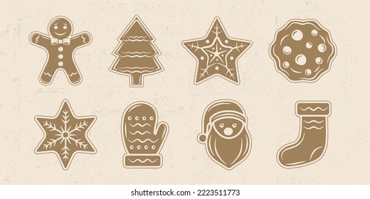 Vintage Gingerbread icons isolated on white background. Christmas cookies set. Design elements for logo, badges, banners, labels, posters. Vector illustration