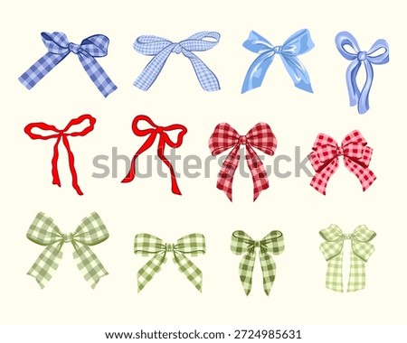 Vintage Gingham and hand drawn Ribbon Bows Collection in Pastel Colors Vector Set