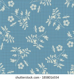 Vintage Gingham Seamless Vector Repeat Background. Monochrome Blue With Japan Florals. Classic Retro Fabric, Table Cloth, Kitchen Wear, Apron. Vector EPS 10 Tile.