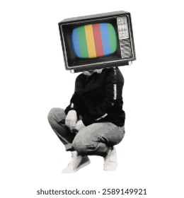 Vintage girl element with a TV on her head with a halftone effect for creating collages. Vector.