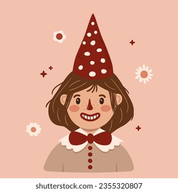 Vintage girl gnome wearing amanita hat. Funny cottagecore dwarf character. Cartoon fairy portrait for kids card, print design. Vector illustration