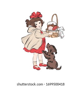 Vintage girl holds basket with Easter cake, colored eggs. Young lady in a red dress, with bow on her head and dog. Puppy plays with the mistress. Resurrection of christ. Hand drawn retro clip-art