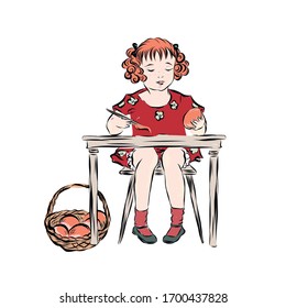 Vintage girl paints easter eggs pink paint sitting at wooden table in a red dress and bow on her head. Sketch for retro greeting card with spring religious holiday of the resurrection of Christ. 