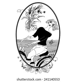   Vintage girl rides a bicycle. Vector illustration. Set of illustrations.