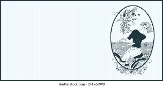 Vintage girl rides a bicycle. Vector illustration. Set of illustrations. Greeting card