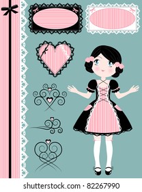 vintage girl with set of matching design elements