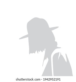 Vintage girl silhouette with shor hair and hat. Simple female torso. Fashion abstract minimalistic sketch in gray spots. Great for postcards, textiles, logo, icon.