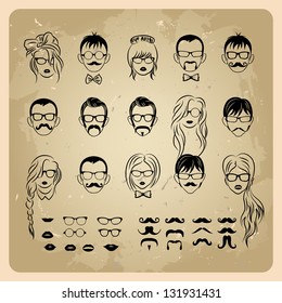 vintage girls faces with hair, sunglasses and shape of the lips.mans Faces with Mustaches, sunglasses,eyeglass es and a bow tie