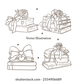 Vintage Girly Bookish, Book Lover Outline. Vector illustration