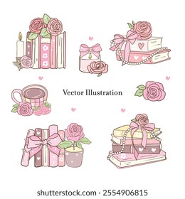Vintage Girly Bookish, Book Lover Doodle. Vector illustration