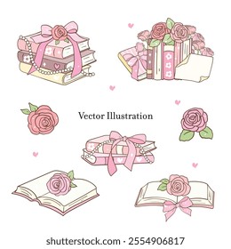 Vintage Girly Bookish, Book Lover Doodle. Vector illustration