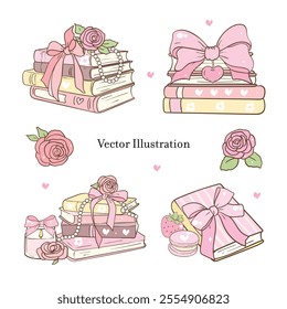 Vintage Girly Bookish, Book Lover Doodle. Vector illustration