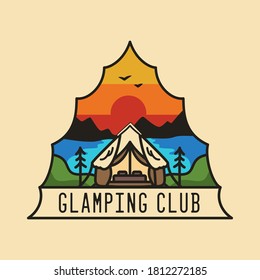 Vintage glamping club logo, glamp adventure emblem design with mountains, tent, sunrise and river. Unusual line art retro style sticker. Stock vector