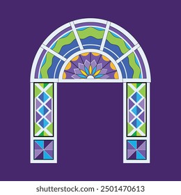 Vintage glass arch design, Illustration of colorful glass church window, and Arabic design