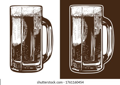 Vintage glass beer mug on a light and dark background. Monochrome illustration, engraving, woodcut style