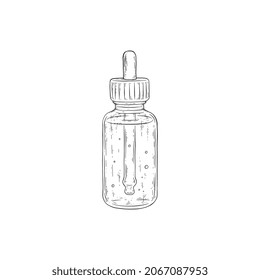 Vintage glass bottle with dropper for essential oils, hand drawn engraving vector illustration isolated on white background. Bottle for storing aroma oil and essence.