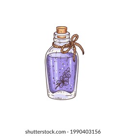 Vintage glass bottle with lavender oil or aroma essence, engraving vector illustration isolated on white background. Lavender cosmetic or aroma product.