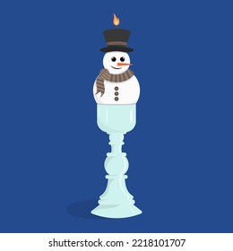 Vintage glass candle holder with snowman candle. Winter holiday candle in shape of snowman. Flat illustration on blue background. Christmas candle.