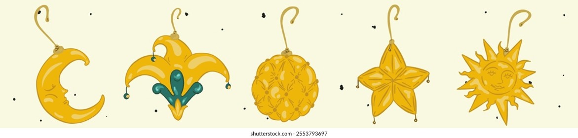 Vintage Glass Christmas Toy Collection. Elegant Xmas Ball Retro Set. New year hand drawn luxury toys. Retro fashion bauble. Cartoon doodle aesthetic vector illustration isolated on light background