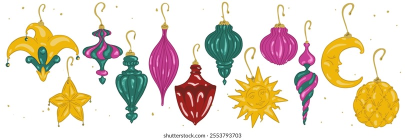 Vintage Glass Christmas Toy Collection. Elegant Xmas Ball Retro Set. New year hand drawn luxury toys. Retro fashion bauble. Cartoon doodle aesthetic vector illustration isolated on white background