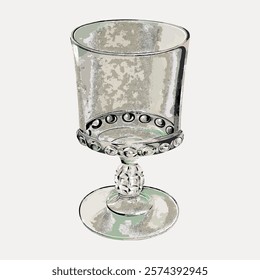 Vintage glass goblet with ornate design. Glass goblet features intricate details. Perfect for vintage decor. Elegant glass goblet for classic settings. Vintage home decor illustration isolated, vector