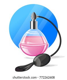 Vintage glass perfume bottle with black mesh spray atomizer. Vector illustration