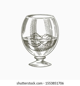 Vintage glass of whiskey. Retro Strong Alcohol drink. Hand drawn engraved sketch for poster, retro label or badge. American Scotch or bourbon, symbol.