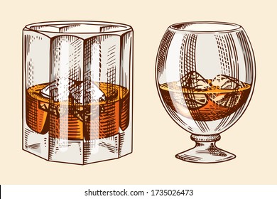 Vintage glass of whiskey. Retro Strong Alcohol drink. Hand drawn engraved sketch for poster, retro label or badge. American Scotch or bourbon, symbol.