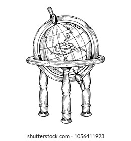 Vintage globe engraving vector illustration. Scratch board style imitation. Black and white hand drawn image.