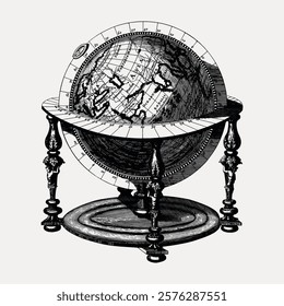 Vintage globe illustration with intricate details. The globe features continents and oceans. Classic globe design with ornate stand. Antique globe style. Vintage home decor illustration, vector.