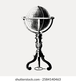 Vintage globe illustration on ornate stand. Antique globe with intricate details. Classic globe design with historical charm. Elegant globe artwork. Vintage art illustration, vector.