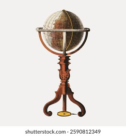 Vintage globe illustration on ornate stand. Antique globe with detailed continents. Decorative globe, classic design. Historical globe art piece. Vintage illustration isolated on white, vector.