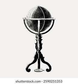 Vintage globe illustration on a stand. Detailed globe drawing, showcasing a classic globe design. Elegant globe art, perfect for vintage decor enthusiasts. Vintage illustration isolated, vector.