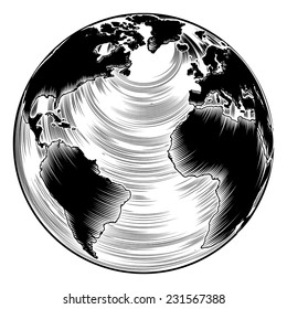 Vintage globe illustration in a retro woodcut style