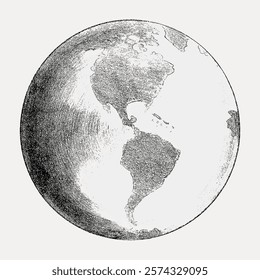 Vintage globe illustration showcasing Earth, highlighting continents. Earth sketch with continents. Detailed globe art with continents visible. Vintage illustration isolated on white, vector.