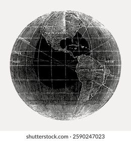 Vintage globe illustration showing continents and oceans. Detailed globe with grid lines. Classic globe design in black and white. Retro globe art. Vintage illustration isolated on white, vector.