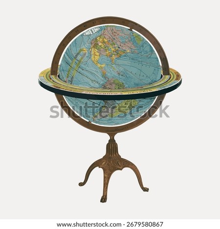 Vintage globe on a stand, featuring detailed maps. The globe showcases continents and oceans. Perfect for decor, education. Classic globe design. Vintage home decor illustration vector.