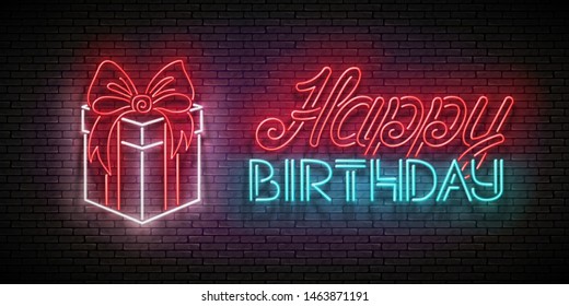 Vintage Glow Greeting Card with Gift and Happy Birthday Inscription. Neon Lettering. Shiny Poster, Banner, Invitation. Seamless Brick Wall. Vector 3d Illustration. Clipping Mask, Editable