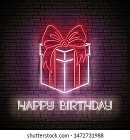 Vintage Glow Greeting Card with Gift and Happy Birthday Inscription. Neon Lettering. Shiny Poster, Banner, Invitation. Seamless Brick Wall. Vector 3d Illustration. Clipping Mask, Editable