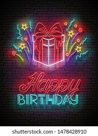 Vintage Glow Greeting Card with Gift, Confetti and Happy Birthday Inscription. Neon Lettering. Shiny Poster, Banner, Invitation. Seamless Brick Wall. Vector 3d Illustration. Clipping Mask, Editable
