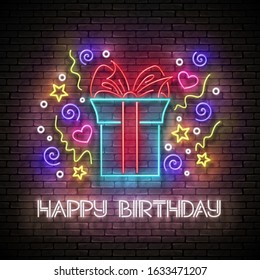 Vintage Glow Greeting Card with Gift, Confetti and Happy Birthday Inscription. Neon Lettering. Shiny Poster, Banner, Invitation. Seamless Brick Wall. Vector 3d Illustration. Clipping Mask, Editable