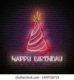 Vintage Glow Greeting Card with Holiday Hat and Happy Birthday Inscription. Neon Lettering. Shiny Poster, Banner, Invitation. Seamless Brick Wall. Vector 3d Illustration. Clipping Mask, Editable