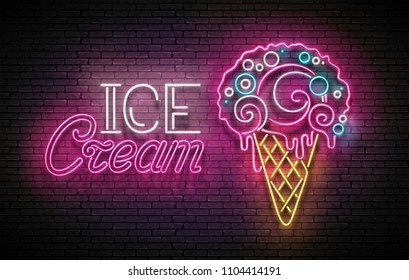 Vintage Glow Poster with Ice Cream Ball in Cone and Inscription. Neon Lettering. Template for Flyer, Banner, Invitation. Brick Wall, Vertical Seamless. Vector 3d Illustration. Clipping Mask, Editable