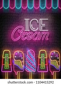 Vintage Glow Poster with Ice Cream Lolly and Inscription. Neon Lettering. Template for Flyer, Banner, Invitation. Brick Wall, Vertical Seamless. Vector 3d Illustration. Clipping Mask, Editable