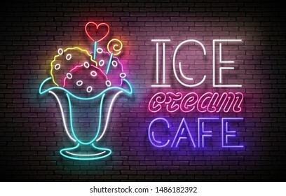 Vintage Glow Poster with Ice Cream  Ball in Vase and Inscription. Neon Lettering. Template for Flyer, Banner, Invitation. Brick Wall, Vertical Seamless. Vector 3d Illustration. Clipping Mask, Editable