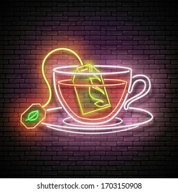 Vintage Glow Signboard with Brewed Tea Bag in Cup. Cafe Label, Herbal Drink. Neon Poster, Flyer, Banner, Postcard, Invitation. Brick Wall. Vector 3d Illustration. Clipping Mask, Editable